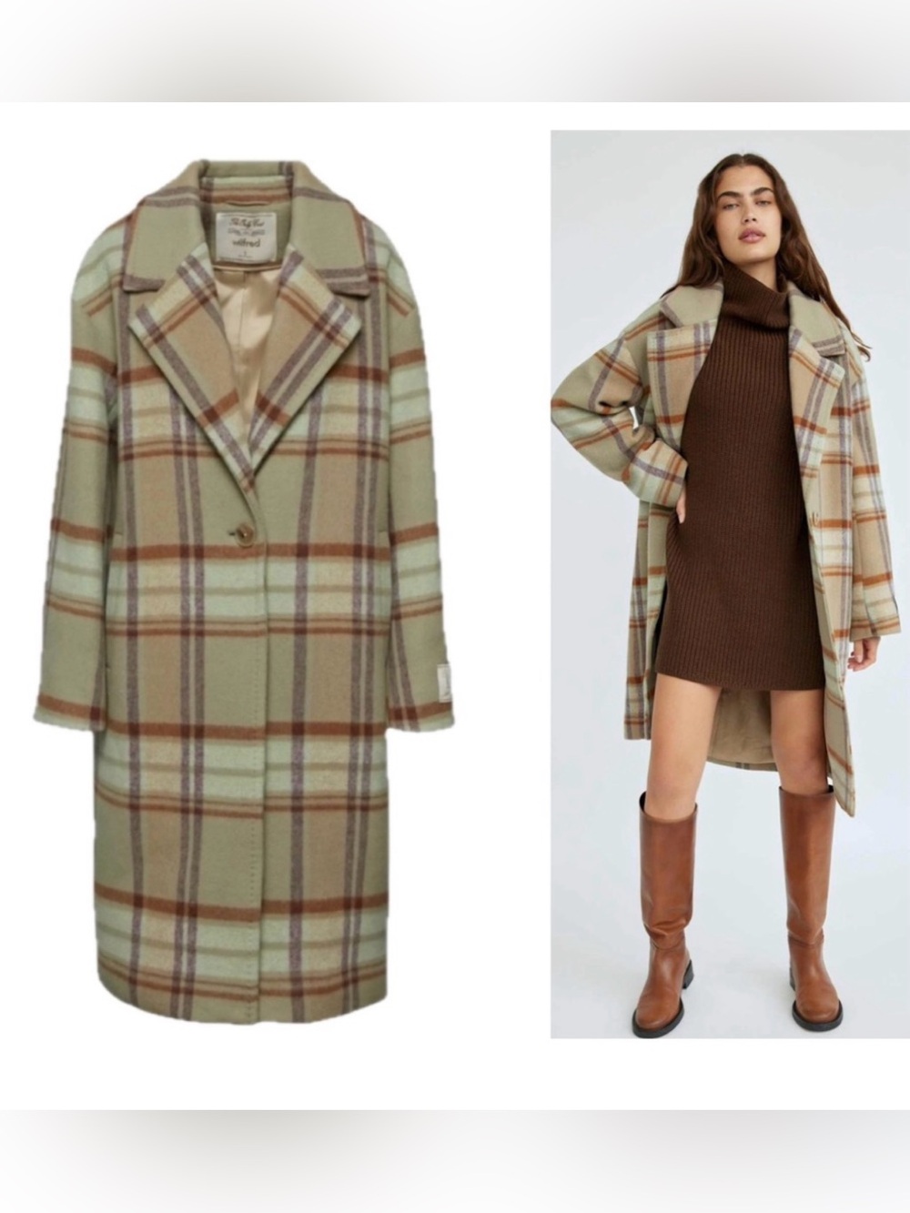 Aritzia Wilfred The Only Coat in sage green brown plaid cashmere wool Sz 8